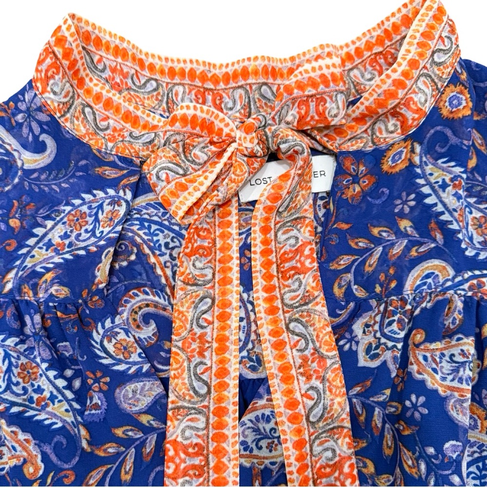 Lost + Wander Blue Paisley Tie-Neck Mini Dress Long Bell Sleeve – Size Small - Picture 8 of 12